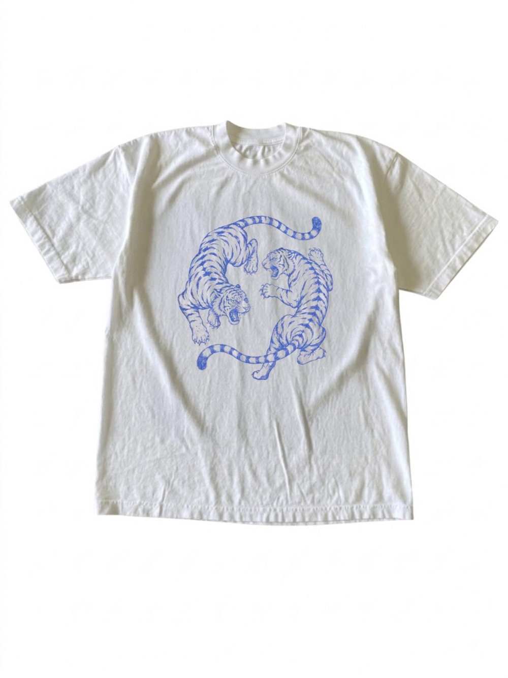 Twin Blue Tigers Yin Yang White Japanese Asian Graphic T-Shirt